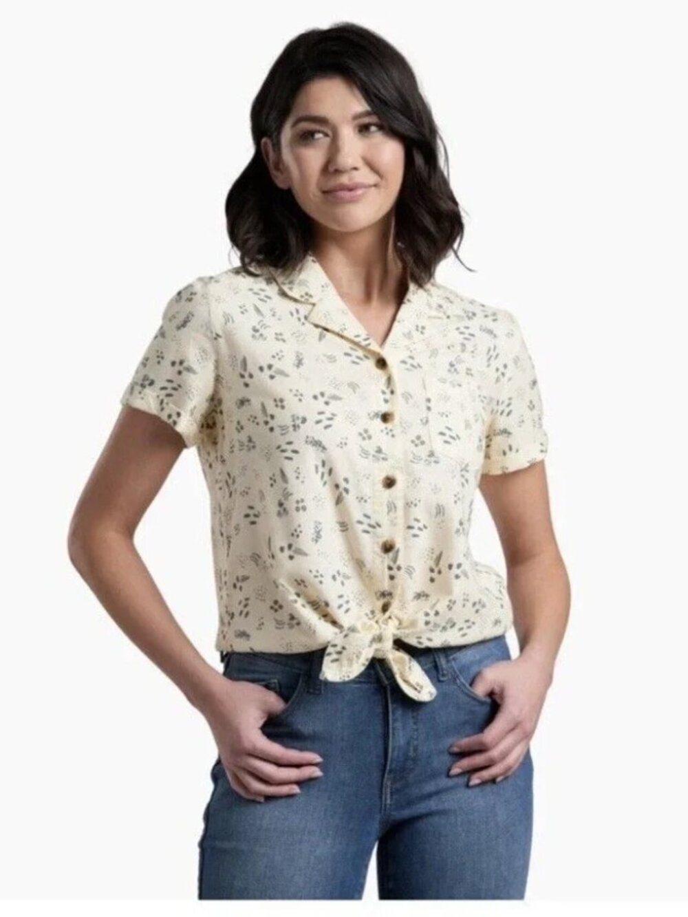 KUHL Elsie Shirt Womens Medium Geometric Button Up Short Sleeve Tie Front Summer